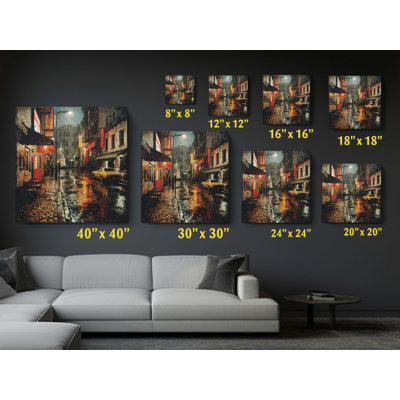 Reproduction d'art sur toile, art urbain paysage mural avec enseignes au néon rouge et voiture rétro