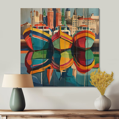 Watercolor Barcelona Harbor View - Industrial Wooden Wall Art On Natural Pine Wood