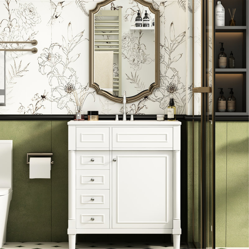 Meuble-lavabo de 30 pouces avec lavabo, 2 tiroirs et porte - Conception fonctionnelle, construction en bois massif, rails de tiroir lisses, lavabo, espace de rangement autoportant de style moderne 30 po, pieds, fonctionnement,