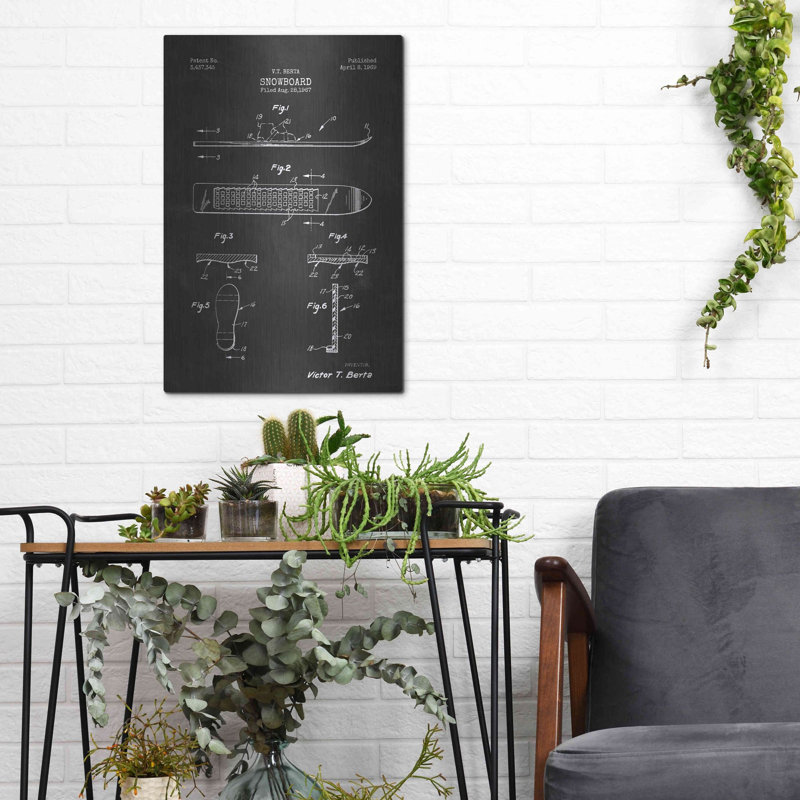 Art mural en métal «Snowboard, Blueprint Chalkboard Vernis», H 16 po x l 12 po
