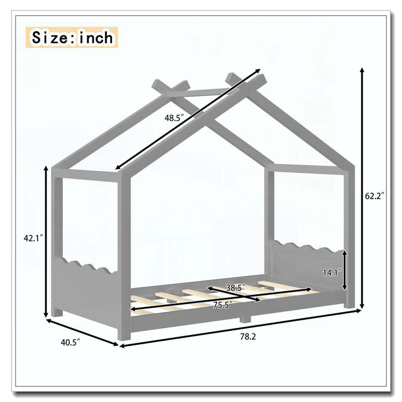 Lit de maison avec lattes de soutien, cadre de lit en bois massif pour enfants, aucun sommier et ouverture, Lit simple, Gris