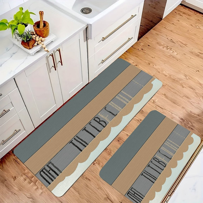 Neutral Scalloped Kitchen Mats for Kitchen & Modern Decor,Brown Gray 2 PC