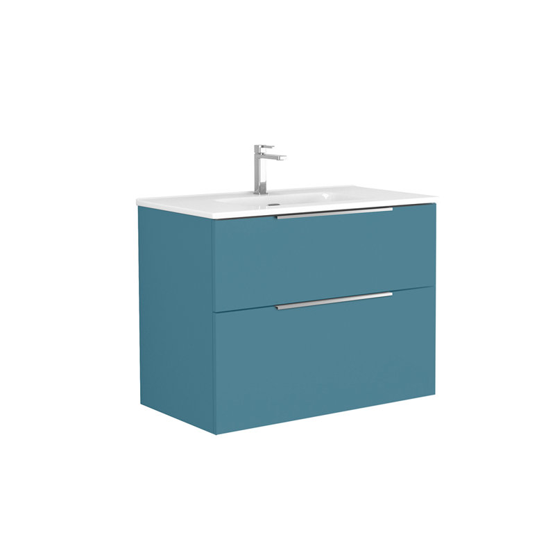 Island Matte Blue MDF Wall-Mounted Vanity with Ceramic Sink