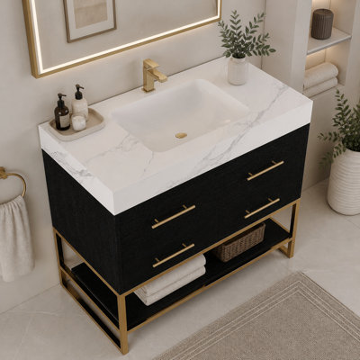 Meuble-lavabo de 36 po en pierre artificielle avec lavabo en céramique, meuble-lavabo moderne avec tiroirs à fermeture en douceur et tablettes ouvertes, meuble-lavabo autoportant avec pieds en acier inoxydable et grand espace