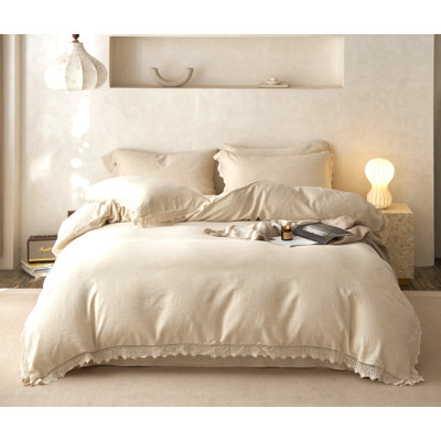 Luna Lace Linen Duvet Cover Set Queen-Top Grade & Natural