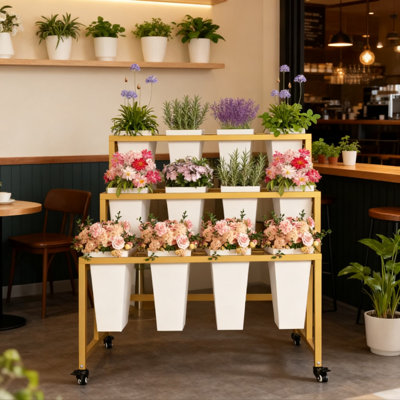 3-Tier Rolling Flower Display Stand With 12 Removable Buckets, Heavy-Duty Metal Plant Cart With Locking Wheels For Indoor Outdoor Garden Wedding Florist Market