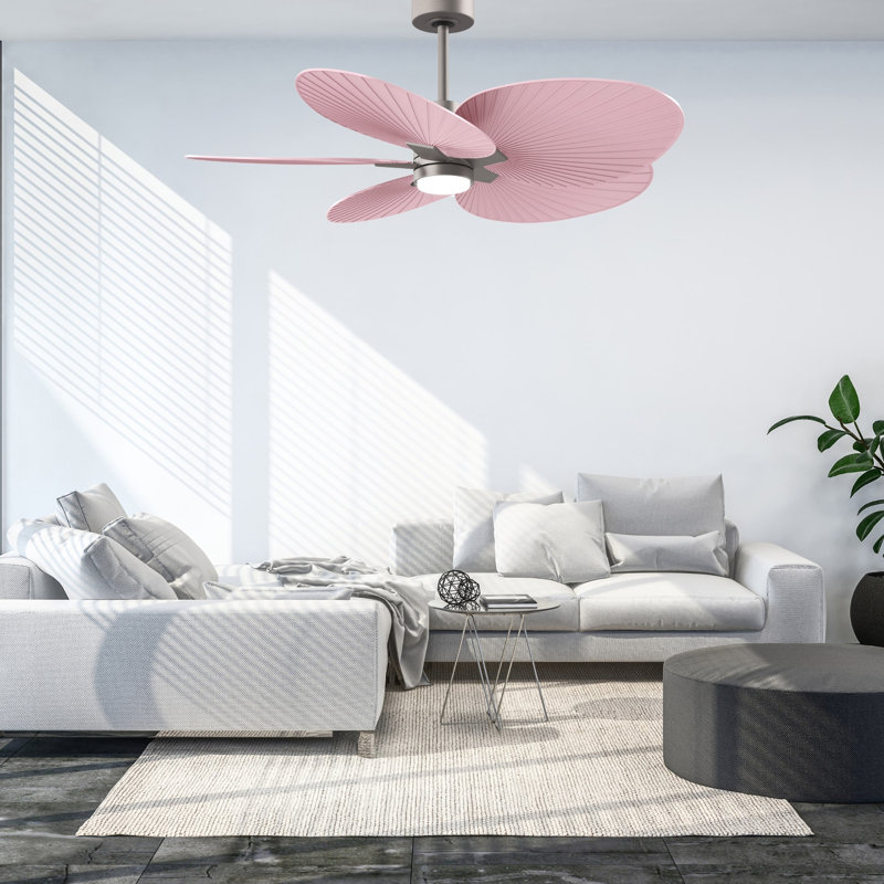 Alessandra Tropical - Five Blade Ceiling Fan - Integrated LED -Matte Black Finish -Light Blue Blades, Light Pink