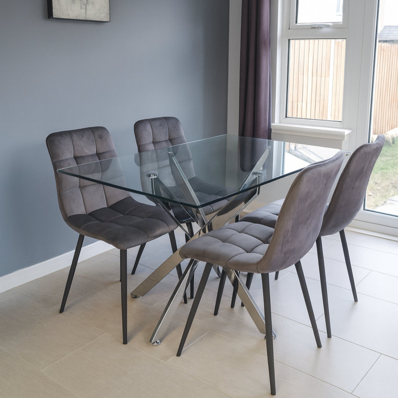 Dining Table and 4 Chairs Rectangle Table 4 Velvet Chairs Dining Set, Grey