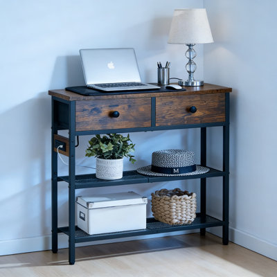 Console mince avec station de charge intégrée, 2 tiroirs en tissu et 3 tablettes à 3 niveaux - Canapé d'entrée étroit pour le salon, le couloir et les espaces compacts