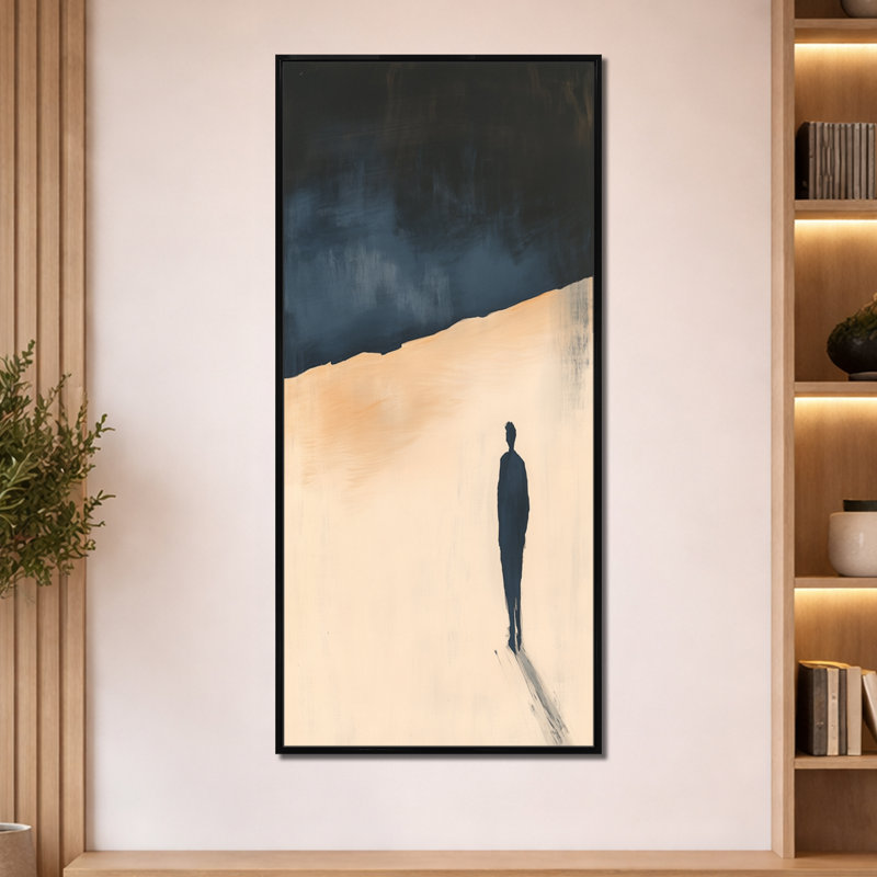 Voyageur solitaire sur la côte - Silhouette marine sur toile encadrée, H 60 po x l 28 po, Cadre flottant noir