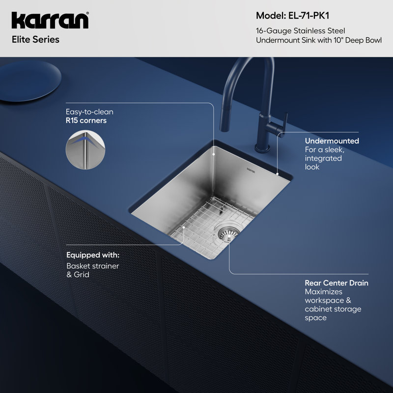 Karran 16-Gauge Stainless Steel 15'' X 20'' Undermount Bar Sink Kit