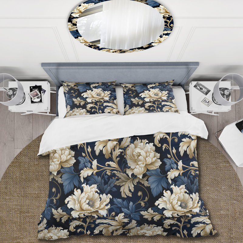 Opulence damassée bleue - pivoines bleues - ensemble de housse de couette floral - microfibre de polyester
