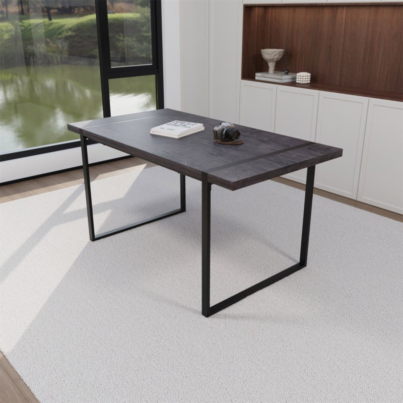 Table de salle à manger 59 po rectangulaire en bois aggloméré noir industriel de 59 po, pour 4 à 6 personnes, plateau de table en bois d'ingénierie de 1,5 po d'épaisseur et pieds rectangulaires noirs en métal, utilisés pour le bureau, la cuisine, la terrasse, la salle à manger