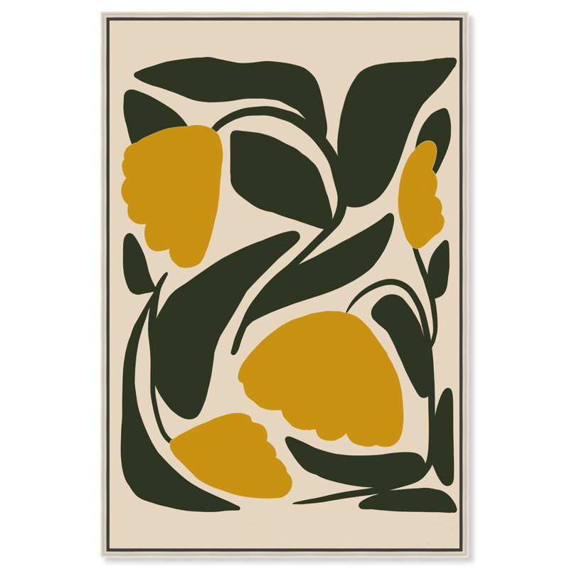 Minimalistic Yellow and Green Floral Canvas Print with Silver Frame