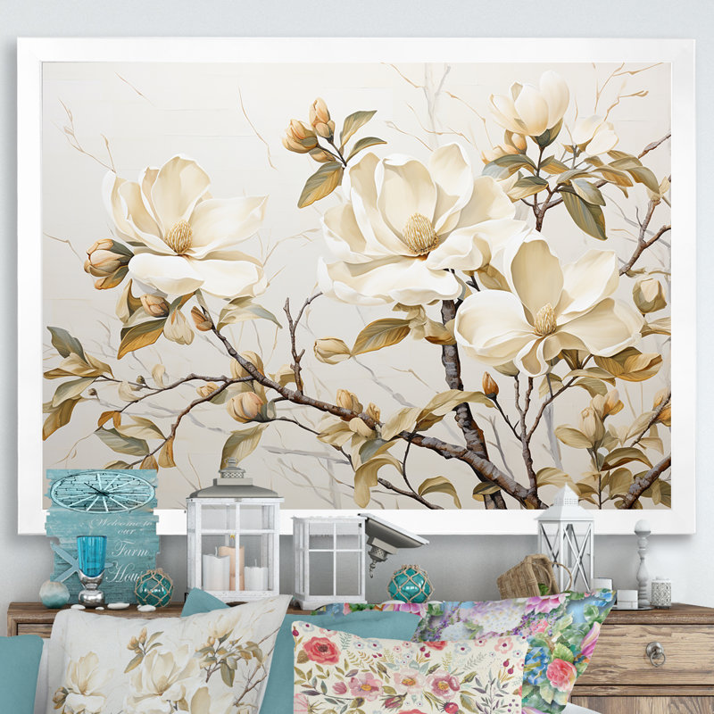 «Elegant Beige Magnolias Tranquility - Magnolias», art mural sur toile, Cadre simple blanc, H 16 po x l 32 po x P 1 po