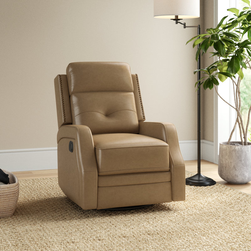 Rudisill Transitional Genuine Leather Swivel Rocker Manual Recliner, Taupe Genuine Leather