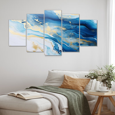 Sun Rays Ocean Blue White Gold I - Ensemble de 5 décorations murales plage et océan