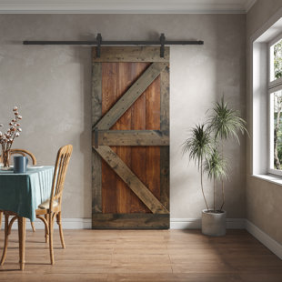 36"W X 84"H K Series Dark Walnut/Aged Barrel Knotty Pine Wood Sliding Barn Door With Hardware Kit, Assembly Needed