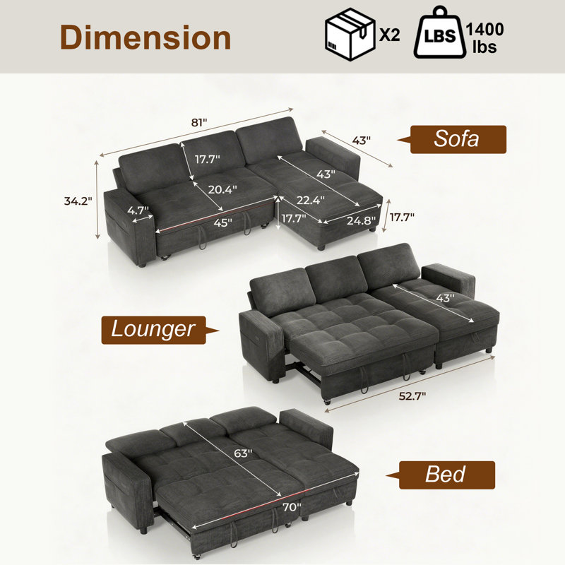 Canapé convertible rembourré avec accoudoirs et dossiers réglables, Gris chenille