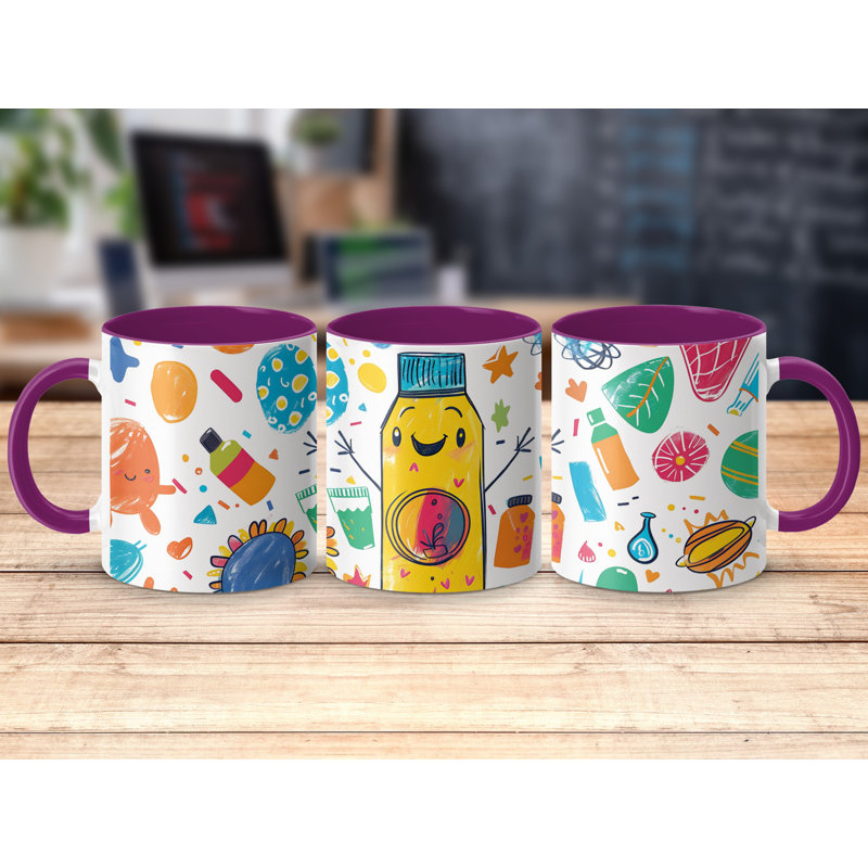 Kids Drawing Style 11oz Accent Mugs – Ceramic Coffee Cup with a Purple Handle and Interior