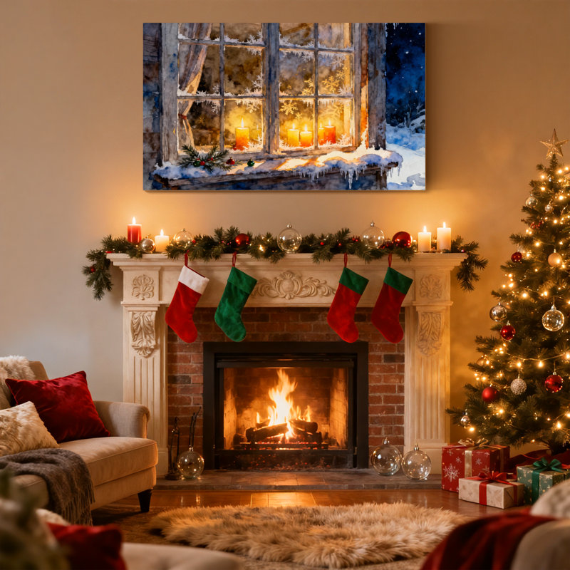 Ensemble de 3 impressions sur toile de Noël, fenêtre d'hiver avec bougies et neige, H 20 po x l 30 po