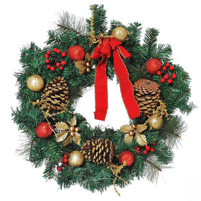 Faux 60cm Pre-Lit Artificial Christmas Door Wreath Holly Pine Cones