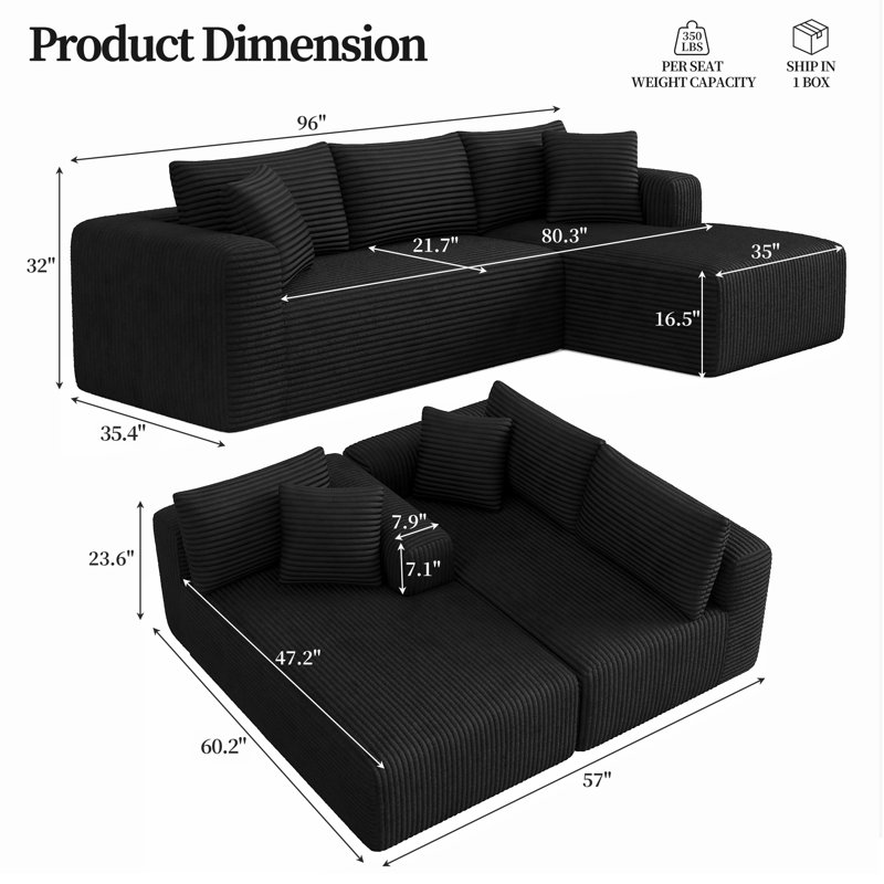 Canapé en L 108 po moderne, canapé modulaire rembourré avec coussin, canapé-lit à combinaison libre pour le salon, canapé à compression dans une boîte et aucun assemblage requis