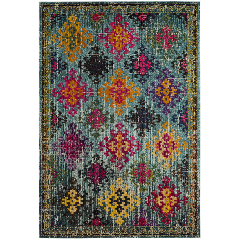 Isabea Geometric Green/Pink Area Rug, Rectangle 4' x 5'7"