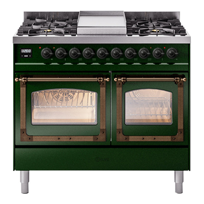 ILVE Nostalgie II Series Noblesse 40 inch Dual Fuel Range with 6 Sealed Burners, Griddle (Glass Door), Emerald Green/Bronze