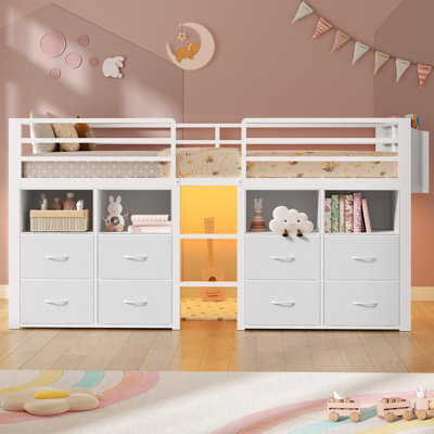 Twin Loft Bed With 8 Storage Drawers And Open Storage Shelves, Low Loft Bed Twin Size With Led Lights,stairs,metal Bed With Safety Guardrail,space Sav