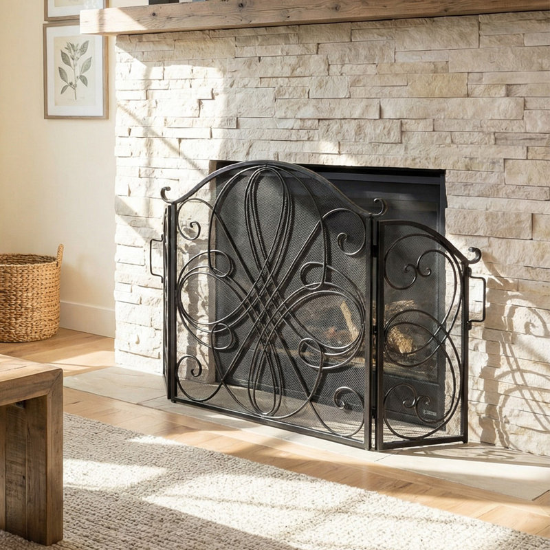 32" H X 56" W Traditional 3 Panel Iron Fireplace Screen with Mesh Netting Foldable Decorative Guard Cover for Living Room