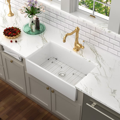 Évier de cuisine de ferme réversible 33 po x l 18 po, évier simple en céramique avec accessoires