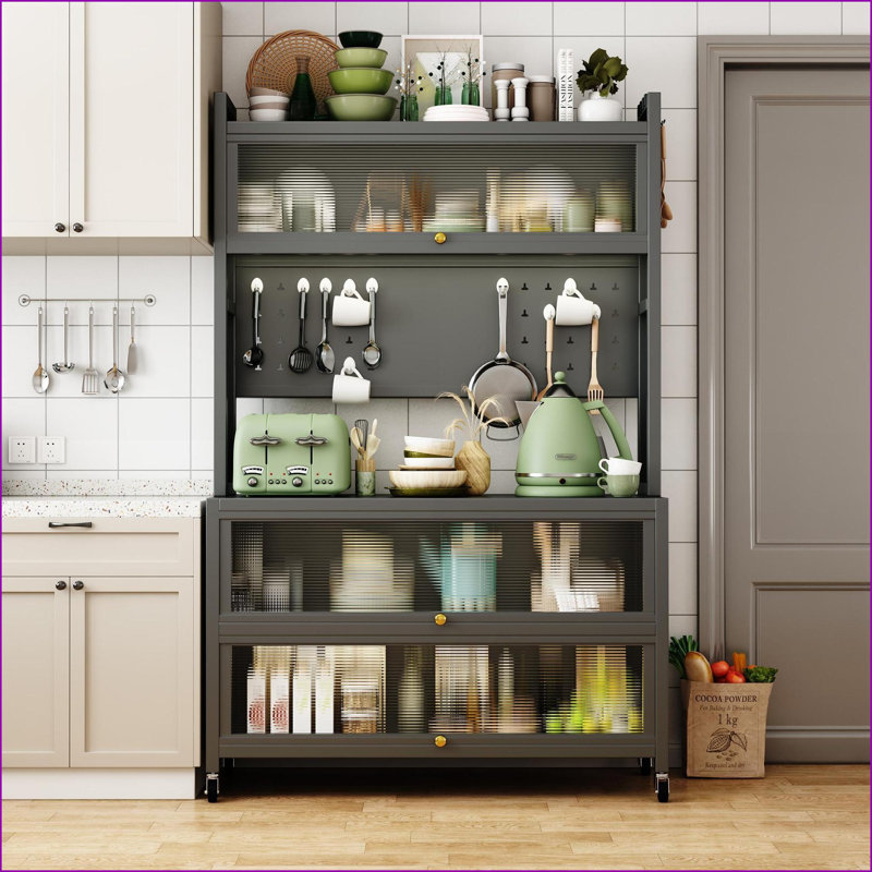 Tablettes de rangement de cuisine - étagère de boulanger en métal Cabinet | Argent mat | Métal