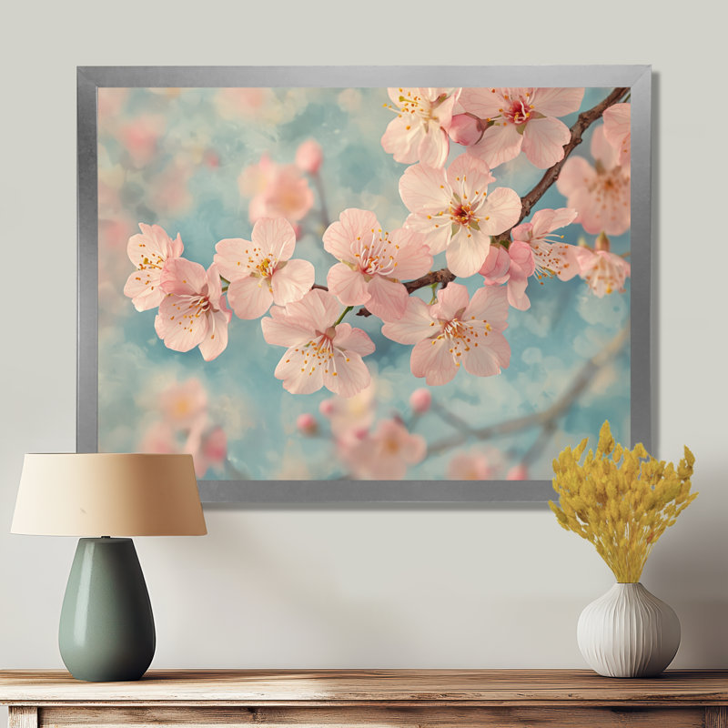 Fleur de cerisier rose, arrivée de printemps - décoration murale fleur de cerisier, H 24 po x l 32 po, Cadre simple, Argent