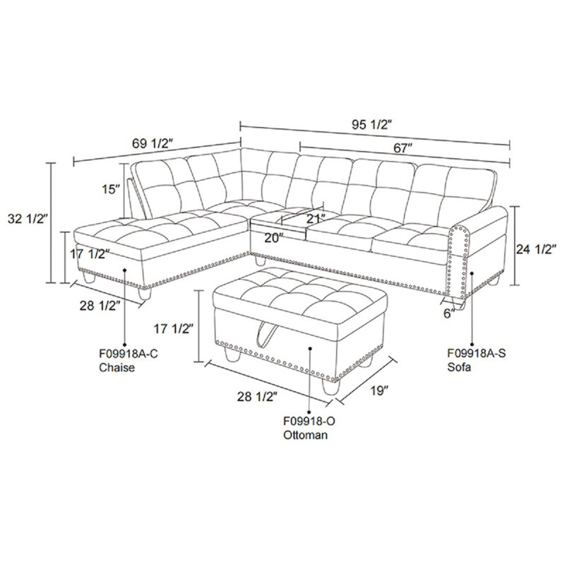 96" Wide 3 Piece Upholstered Sectional With Ottoman, Right Hand Facing