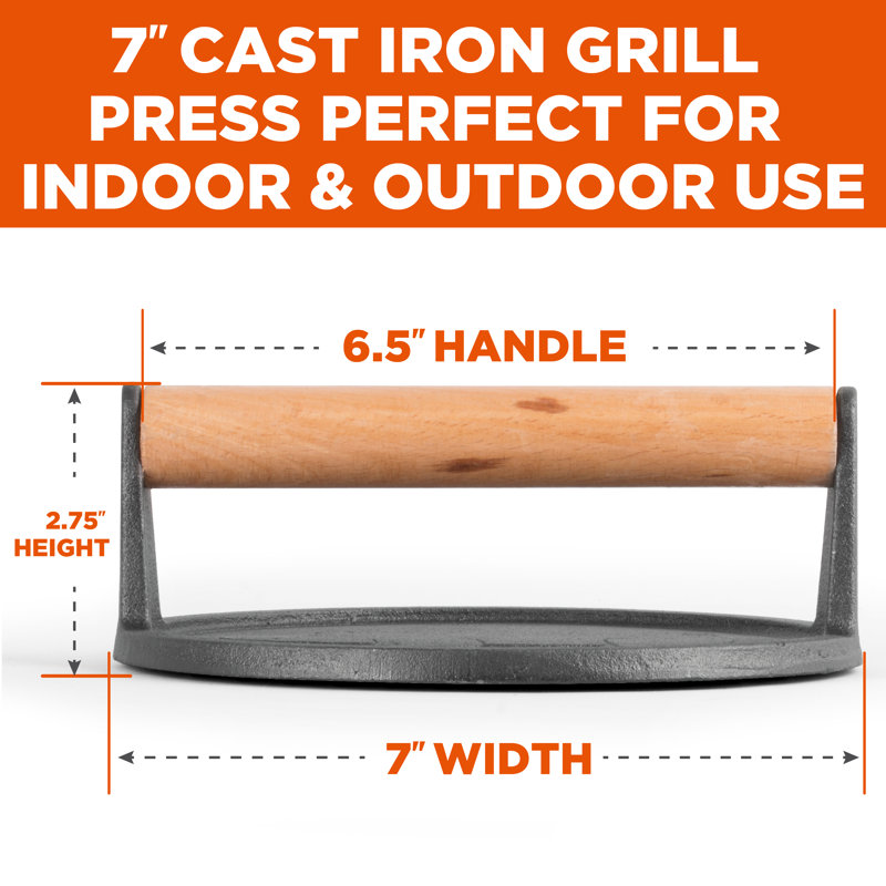 Commercial Chef 7" Cast Iron Round Grill Press with Wood Handle