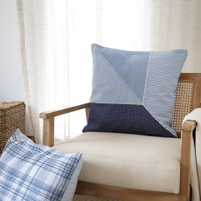 Housse de coussin en coton brodé, 24 po x 24 po, Bleu / blanc, Housse de coussin seulement - sans coussin