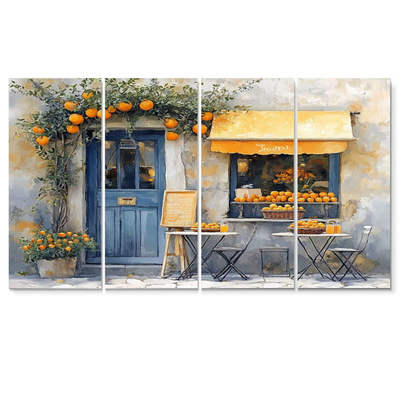 Café français dans des tons jaunes et bleus - ensemble d'art mural café français, H 28 po x l 48 po