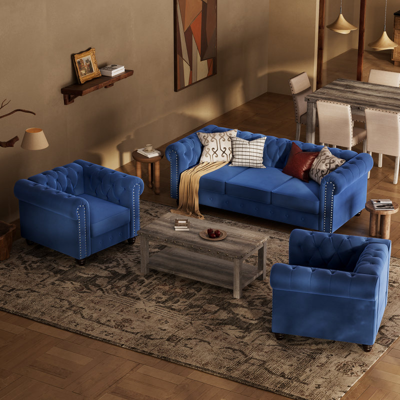 Ensemble de salon chesterfield 3 pièces Abdulhameed, Velours bleu