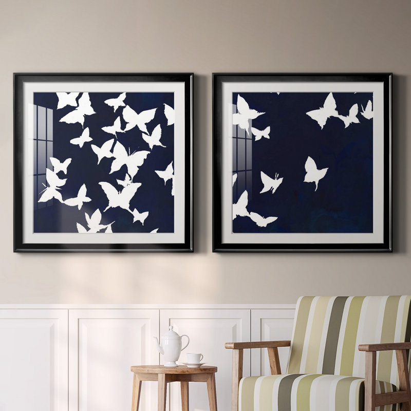 «All Aflutter», ensemble de 2 reproductions d'art sur toiles, H 26,5 po x l 53 po x P 1,5 po, Cadre noir, Blanc