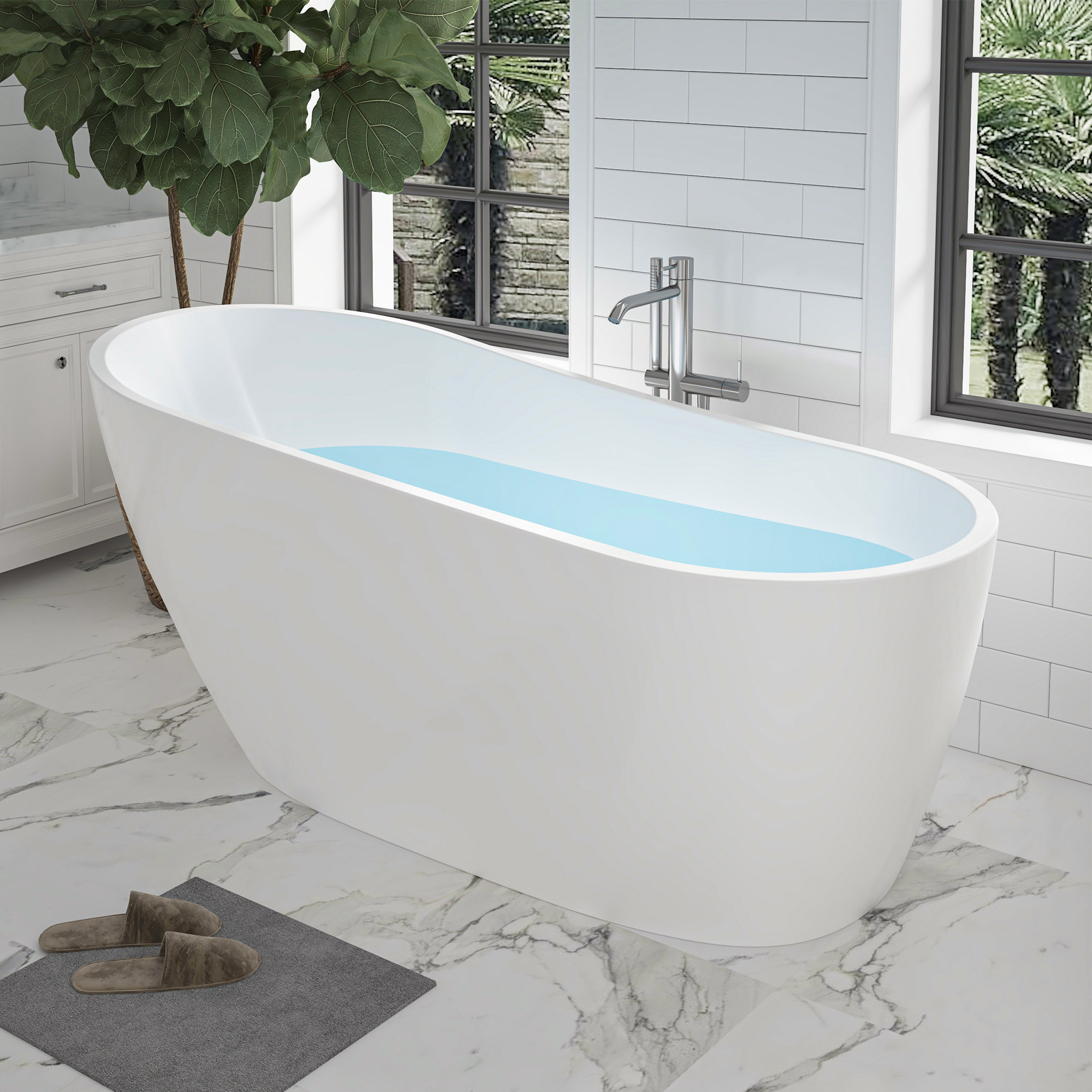Cora 67" x 32" Freestanding Acrylic Bathtub, White/Titanium Gold