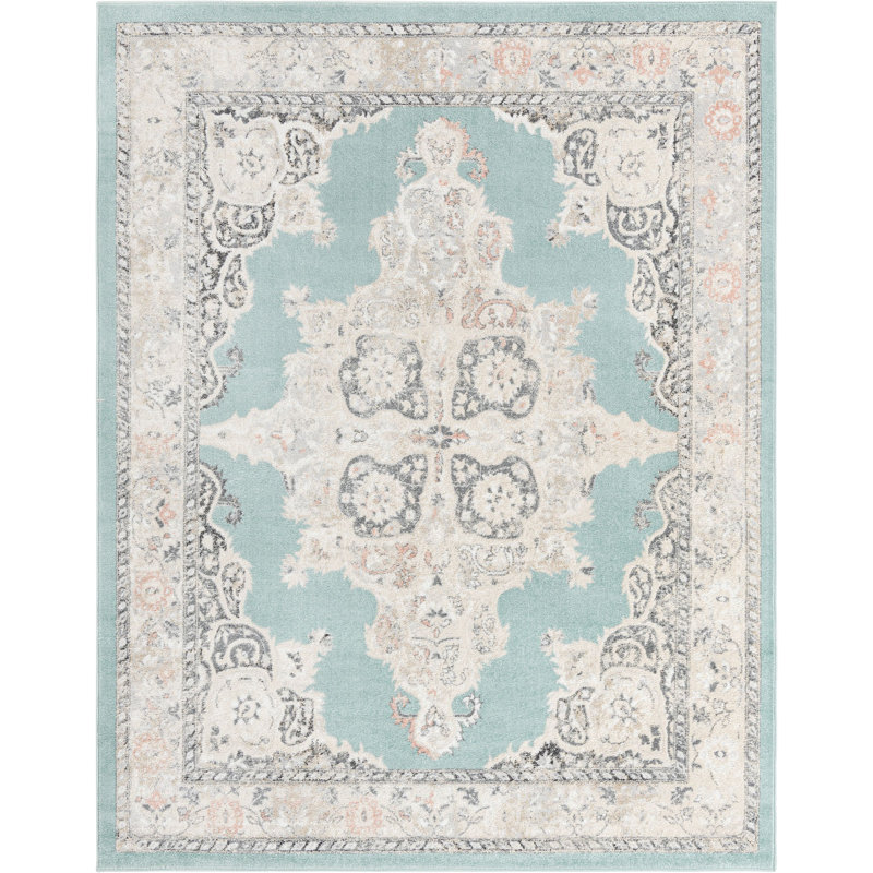 Tapis traditionnel bleu clair, Rectangle 7 pi 10 po x 10 pi