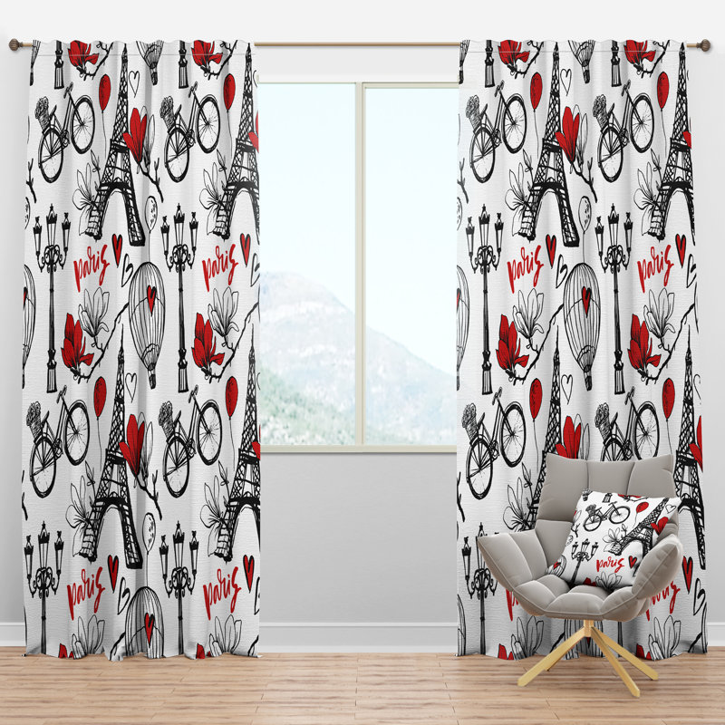 Panneau de rideau simple semi-diaphane avec passe-tringle Paris Eiffel Hearts I, l 52 po x L 120 po