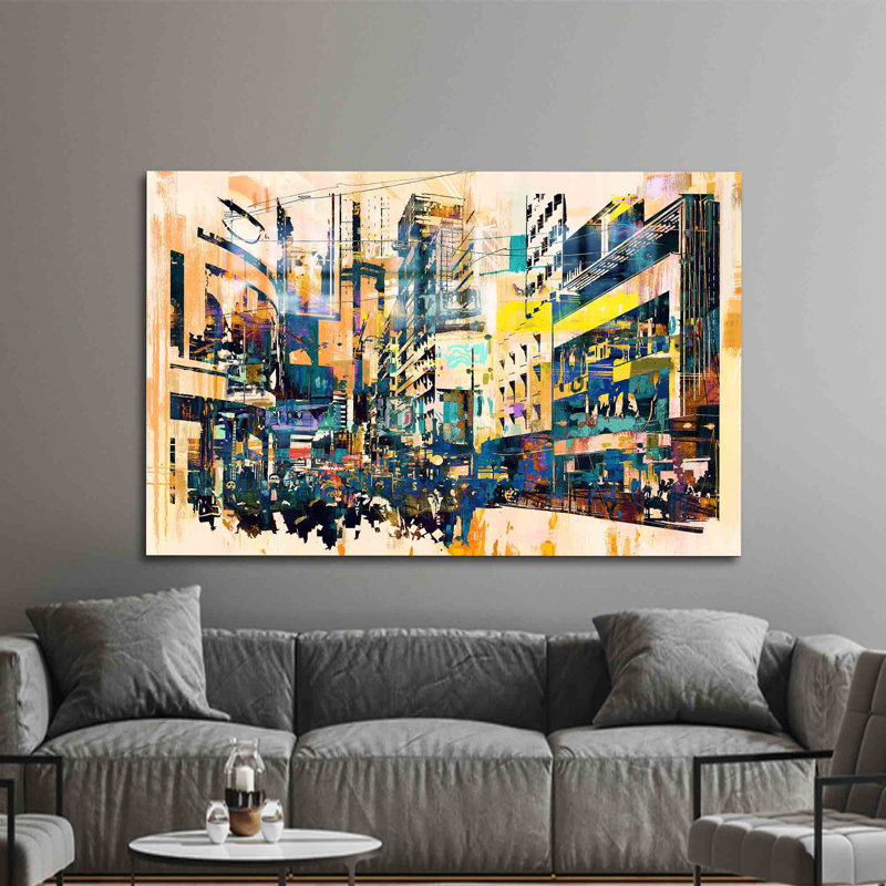 Paysage urbain moderne abstrait imprimé sur verre trempé pour le bureau, l'art mural et la décoration intérieure | Rectangle