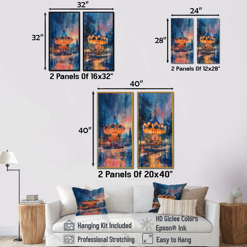 Carrousel de contes de fées orange et bleu, ensemble d'art mural 2 pièces, Toile tendue, H 28 po x l 24 po
