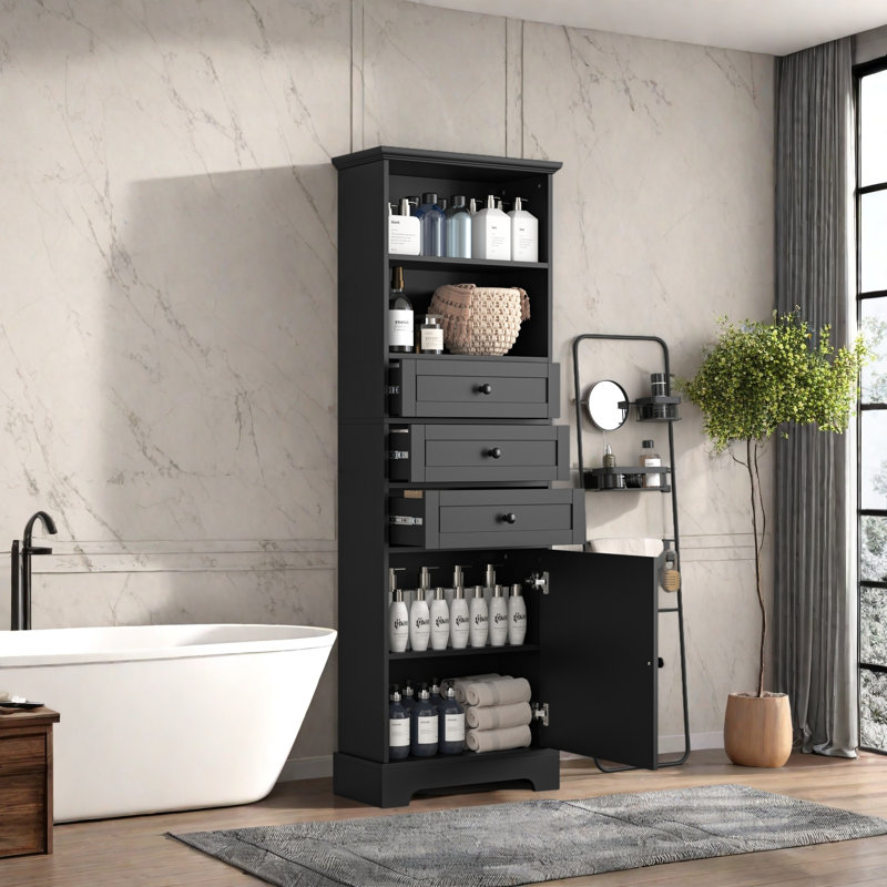 Grande armoire de rangement noire avec 3 tiroirs et tablettes réglables pour la salle de bain