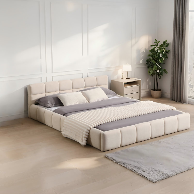 Tête de lit et pied de lit tapissier en chenille moderne avec motif damier, Grand lit