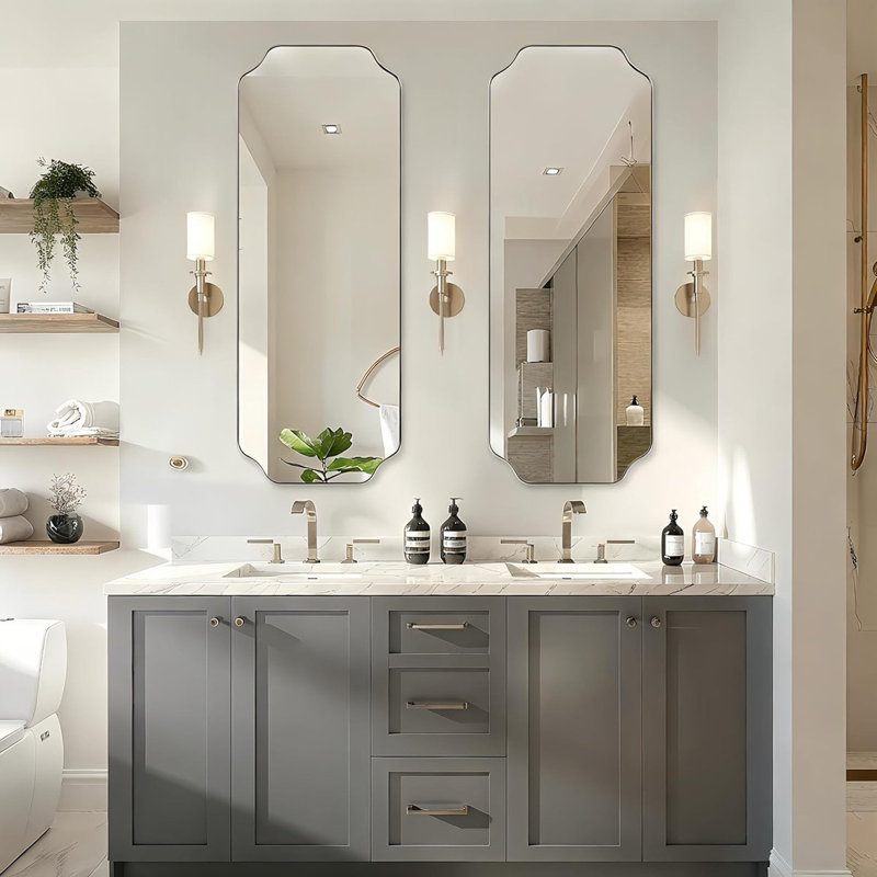 Modern Scalloped Corner Rectangle Bathroom Vanity Mirror | Stainless Steel Frame, Polished Chrome, 48" x 18"