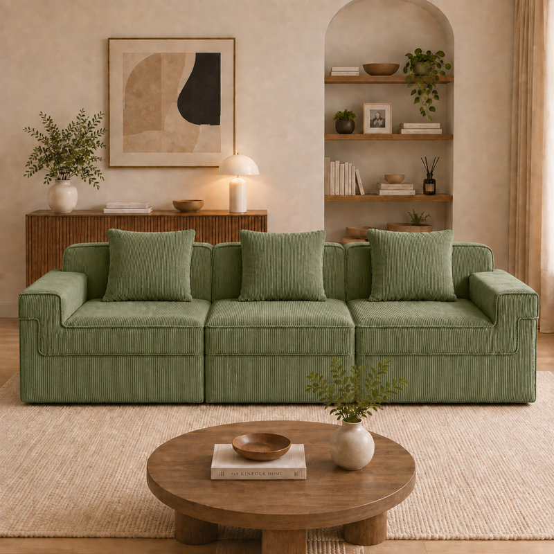 Canapé modulaire sans siège à 3 places, canapé à assise profonde avec revêtement en velours côtelé, coussins décoratifs et mousse haute résilience