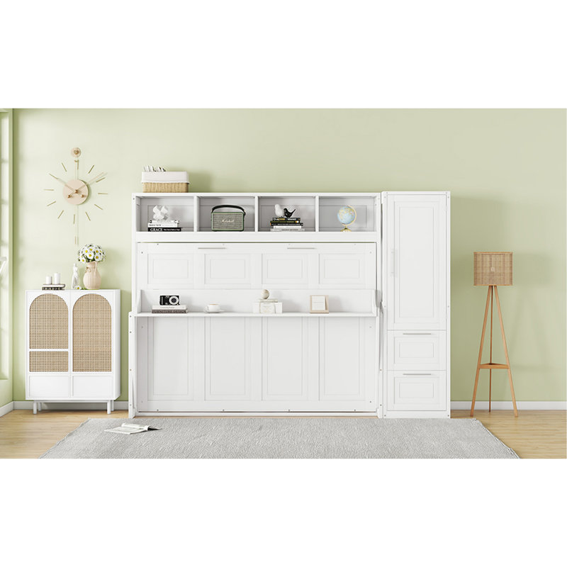 Ajae Murphy Bed with Storage Bookcase, Drawers and Wardrobe, White, Queen